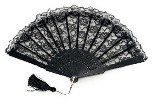 Caprilite Gatsby Black Lace with Tassels Fan Chinese Folding Hand Held Dancing Prom Halloween Party Fans Gift UK