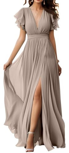 V-Ausschnitt Chiffon Brautjungfer Kleid mit Schlitz Flatterärmel Chiffon Plissee Formale Ballkleider für Frauen, taupe, 46