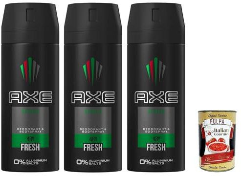 3x Axe, Original Africa Deodorant Spray, absorbiert Schweiß, 150 ml Flasche+ Italian gourmet polpa 400g