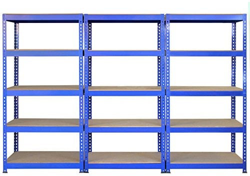 3 x 90cm Q-Rax Blue Metal Racking Units & Workbench - 5 Tier Warehouse Shelving Unit