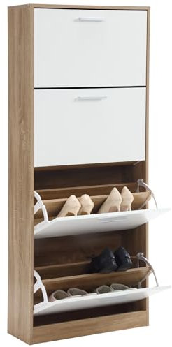 ZIK - Scarpiera Salvaspazio Slim in Legno (63x24x150) Doppia profondità Scarpiera da Ingresso Verticale 4 Ante, Moderna, Scaffale Scarpe di Design Adatti a Vari Stili di Arredamento (Rovere e Bianco)