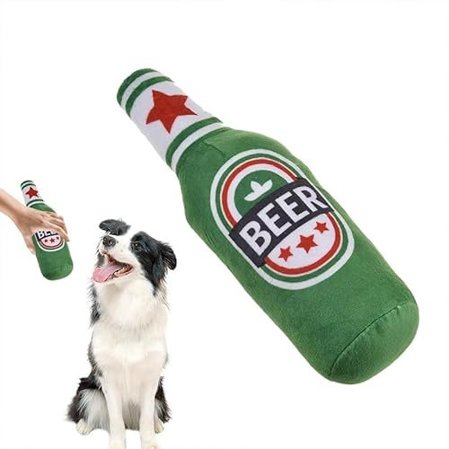 KMOCEPLY Squeaky Dog Toys Beer Bottles Dog Toy Interactive Dog Chew Toy for Bordem Beer Bottle Plush Puppy Toys Portable Funny Cute Pet Plush Dog Toy Beer Fabric Chew Resistant Biting Toys (Green)