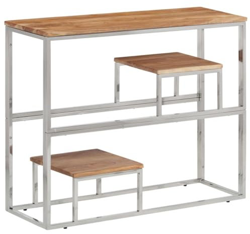 vidaXL Konsolentisch, Konsole Beistelltisch mit Ablagen, Wandtisch für Wohnzimmer Flur, Flurtisch Tisch, Modern, Silbern Edelstahl Massivholz Akazie