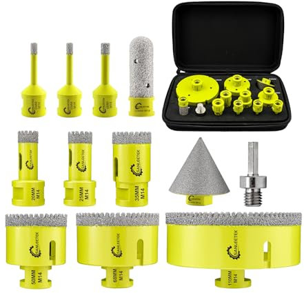 SANLEETEK Tile Hole Saw Kit - Diamond Core Drill Bits Set 12pcs (6/6/8/20/25/35/50/68/110mm+20mm Finger Bit+50mm Beveling Chamfer Bit+Hex Adapter) for Ceramic Tile Porcelain Marble Granite M14 Thread
