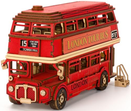 ROBOTIME 3D Puzzle Londoner Doppeldeckerbus Modellbau aus Holz, DIY Holzpuzzle Modellbausatz Bastelsets Geschenk für Erwachsene und Kinder