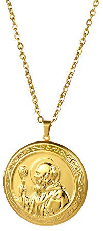 JewelryWe Foto Medaillon zum Öffnen Halskette: Gold Edelstahl Vintage Heiliger St. Benedikt Kreuz Runde Photo Bilder Amulett Anhänger Kette Religiöses Schmuck mit Gravur für Herren Damen