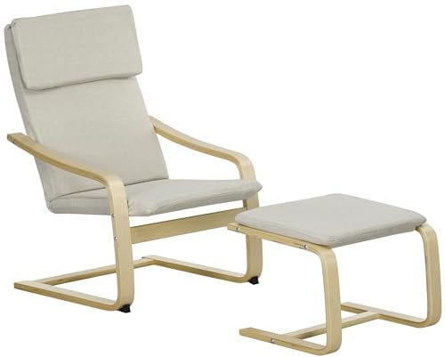 HOMCOM Relaxsessel mit Fußhocker, Ruhesessel mit Hocker, Lesesessel, Ruhesessel mit Armlehne, Schwingsessel, Relaxstuhl mit Leinenbezug für Wohnzimmer, Balkon, Flur, Cremeweiß 66,5 x 80 x 99 cm