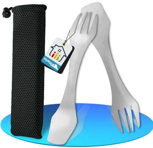 FlyWave Spork Titanio, Posate Trekking 2 in 1 - Forchetta Cucchiaio per Campeggio, Escursionismo, Picnic, Viaggio - Set da 2, Ultra Leggero, Riutilizzabili, Custodia Inclusa
