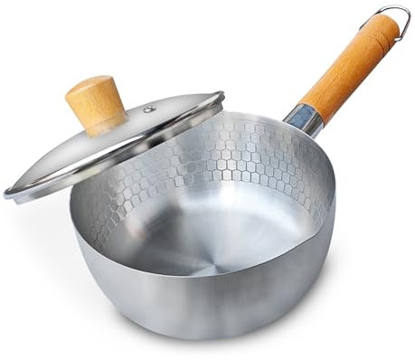 Triclicks Saucepan 18cm Stainless Steel Pan, Frying Pan, Cookware Non Stick Sauce Pot, Milk Pan, Cooking Pot, Induction Pan, Ninja Pan With Lid Cover Wood Handle Glass Pour Spout, for Camping, Cooking