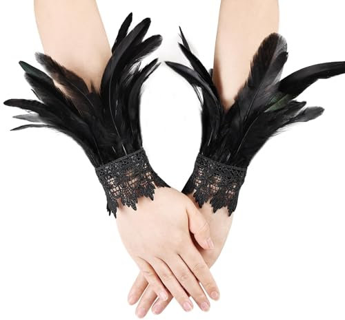 ZOSIGN 1 Paar Vintage Feder Manschette,Damen Feder Manschetten,Gothic Federmanschetten,Damen Vintage Spitzenhandschuhe mit Feder, für Halloween Kostüm Rollenspiel Party (Schwarz, M)