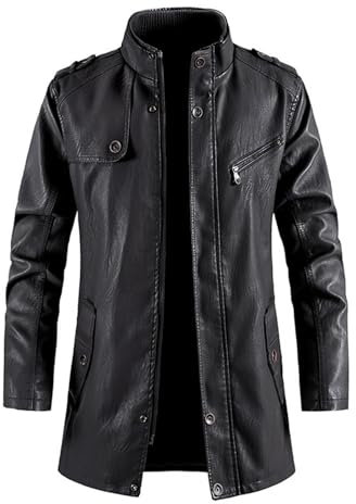 MEIbax Trench-Coat en Cuir pour Hommes Hiver Mi-Long Coupe-Vent Chaud Veste Slim Fermeture Éclair Pardessus Parka Outerwear Décontractée Classique Vestes en Cuir Vintage Manteau (Black, L)