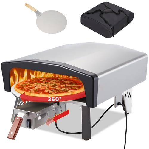 EROMMY Gas Propane Pizza Oven Outdoor with 360° Automatic Rotating Function & 14 Inch Pull Out Pizza Stone, Including Pizza Peel, Carry Bag, Gas Hose & Regulator, Adjustable Temp Dial for Grill