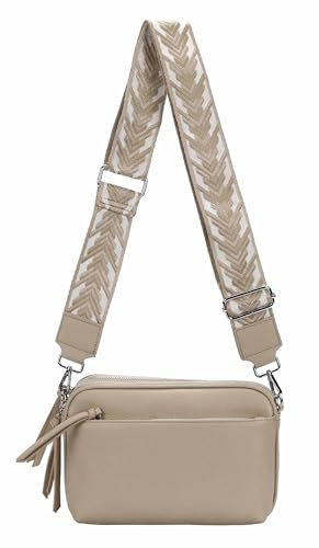 Damen Tasche Cross Over Body Bag Brusttasche Umhängetasche Schultertasche Brieftasche Smartphone Geldtasche Abend Handy Clutch Helltaupe 3xFach