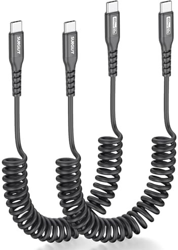 SUNGUY Spiralkabel USB C auf USB C, 2Stück 1.5M [Empfohlene Dehnlänge: 0.4m-1m]Android Auto 3A Schnellladekabel USB C Kabel Handy Ladekabel typ C Datenkabel für iPhone 17/16/15 Pro Max Galaxy, Schwarz