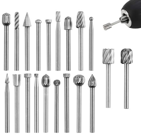 20Pcs Wood Carving Bits Set for Dremel Rotary Tool Grinding Burr Stone Carbide Bit with 3mm 1/8inch Shank for Woodworking DIY Glass Ceramics Tile Engraving Drilling Grooving Polishing Micro Sculpture
