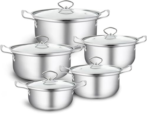 HOUSLUX Topfset, Topfset Induktion Topf Kochtopf Set 5-teilig,Kochtopf Set mit Glasdeckel, Topfset Edelstahl poliert, Töpfe Set unbeschichtet Edelstahl poliert, Töpfe Set unbeschichtet(Silbrig )