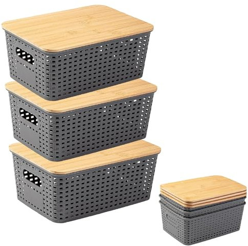 3 Stück Aufbewahrungsbox Mit Bambus Deckel,5L Kunststoff Bad Organizer Klein Aufbewahrungskorb Mit Griff,Stapelbar Kisten Aufbewahrung Mit Deckel Für Küche Badezimmer Schlafzimmer Balkon Regale(Grau)