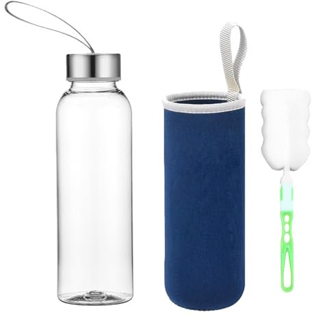 CUEMOON Glasflasche, Klassische Wasserflasche mit Nylontasche, für Unterwegs Sportflasche, Trinkflasche aus Glas (Marineblau, 750ml)
