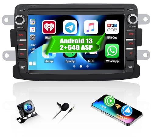 CAMECHO 2+64G 7 Zoll ASP Autoradio für Renault Dacia Duster Sandero Dokker Logan mit Rückfahrkamera, Android 13 Wireless Carplay Bluetooth Radio mit Android Auto GPS FM/RDS WiFi Mirror Link +Canbus