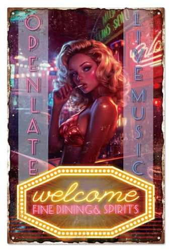 WADORN Vintage Bar Pub Pin Up Lady Metall Blechschild, 7.8x11.8 Zoll Lustiges Retro Blechschild Für Zuhause Bar Kneipe Männerhöhle Neon Bar Frau Wandkunst Poster Plakette Dekor Für Café Club