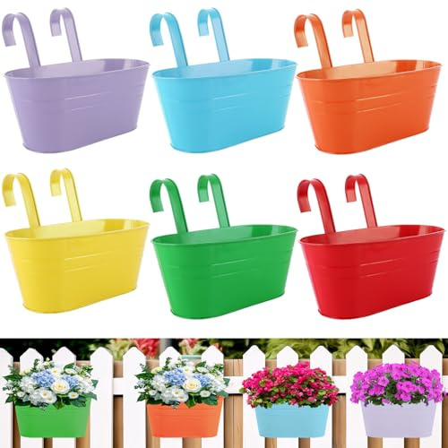 DAJAVE 6 vasi da fiori sospesi in metallo, 27,5 cm, vasi da fiori sospesi, vasi per fiori da balcone, ringhiera, grande fioriera da appendere per balcone, recinzione, giardino (colore colorato)