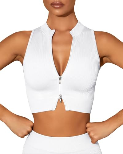 SEAUR Damen Sport Crop Top Ärmellos Reißverschluss Tank Top Eng Kurz Oberteil Nahtlos Gerippt für Gym Fitness Workout S-L