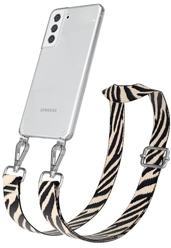 EAZY CASE Handykette - Verstellbares Taschenband kompatibel mit Galaxy S21 FE 5G, Schulterriemen, Handykordel mit Silikon Hülle, Umhängetasche, Zebra - Schwarz Beige Silber