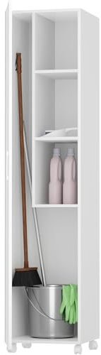 Vep Home Armario Escobero Multiusos con Ruedas – 1 Puerta Reversible, Estantes y Espacio para Escoba y Fregona – Blanco, 183x42x41 cm – Mueble Auxiliar para Lavadero, Trastero o Cuarto de Limpieza