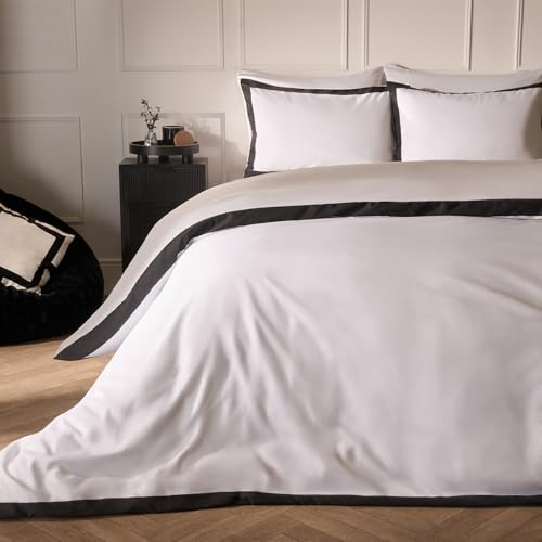Brentfords King Size Duvet Cover Set, Super Soft Microfibre Stylish Contrast Border Duvet Cover King Size Luxurious Warm Cosy Comfy Bedding Set with 2 Pillowcases, Monochrome