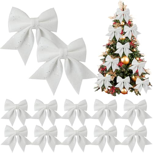 Eopvttge 12 Stück 12cm x 15cm weiß Weihnachtsschleifen, weiß Glitzer Schleifen Weihnachtsbaum, Geschenkschleifen Weihnachten, für Weihnachtskranz Geschenke Deko Weihnachtsbaum Deko Weihnachtsfeiern