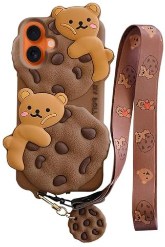 Yatchen Bear Case for iPhone 17,Cute Cookie Bear Kawaii Phone Cases 3D Cartoon Cover with Keychain Strap Lanyard Funny Women Girls Soft Silicone Protector for iPhone 17