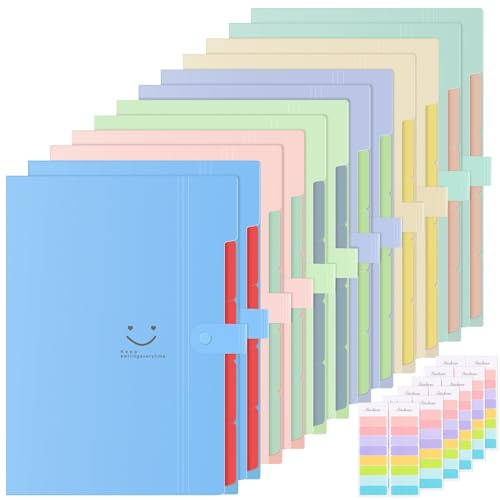 12 Stück Fächermappe A4, Mappe mit 5 Fächern, Dokumentenmappe A4 mit Etiketten, Ordnungsmappe Mappen Ordnersystem, Postmappe Document Organizer, Fächermappe Erweiterbar Ordner Für Hause, Büro, Schule