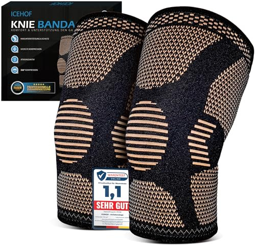 ICEHOF Kniebandage Männer & Damen mit Kupferionen - 360° Kompression, Anti-Rutsch & atmungsaktiv - Kniestütze Knieschoner Bandage Knie - Stabilisierung bei Meniskus, Arthrose - 1 Paar (M)
