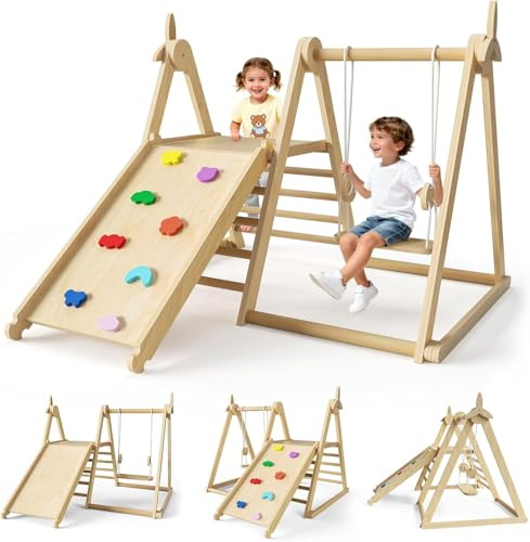 STYPLZ Montessori Kletterdreieck Set mit Schaukeln, Rutschen, Kletterleitern, Kletterbretter und Windmühlen – Holz Klettergerüst für Babys & Kleinkinder ab 1–3 Jahre, Indoor Spielgerät