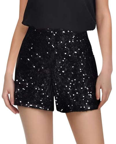 Generisch Damen-Shorts mit Pailletten Hohe Elastische Taille für Clubwear Party Glitzer Shorts Damen in Einfarbig Schwarz Glitzer Hose für Frauen für Karneval Festivals, Disco und besondere Anlässe