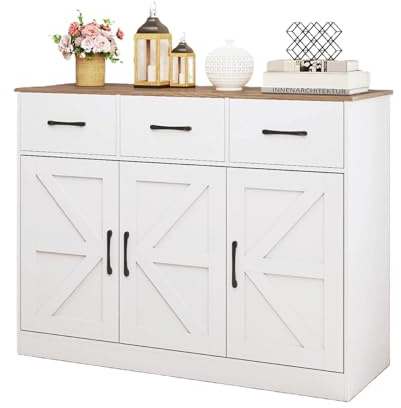 KOMFOTTEU Aparador de Cocina con 3 Cajones, Mueble Buffet con 3 Puertas y Estantes Ajustables, Armario Bajo con Kit Antivuelco para Comedor, Sala de Estar, 108 x 38 x 81 cm (Blanco)