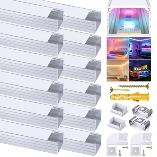 12Pack LED Kanal Aluminum Profil für Bis zu 16mm Streifen, U Form Kanal Leiste Aluprofil mit Milchiger Weißer Abdeckung, Stripe Schiene Geeignet für Philips Hue LED Streifen/Strip/Band Plus