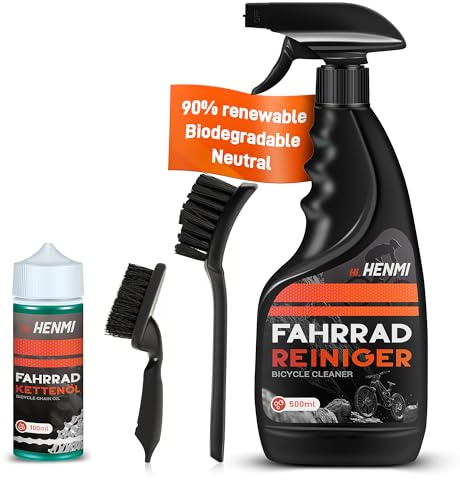 HENMI Fahrrad Reinigungsset Pro, 6 in 1 Kettenreiniger Fahrradkette Set | mit Fahrradreiniger 500ml,Fahrradkettenöl 100ml, 2 Reinigungsbürsten – Für alle Fahrradtypen