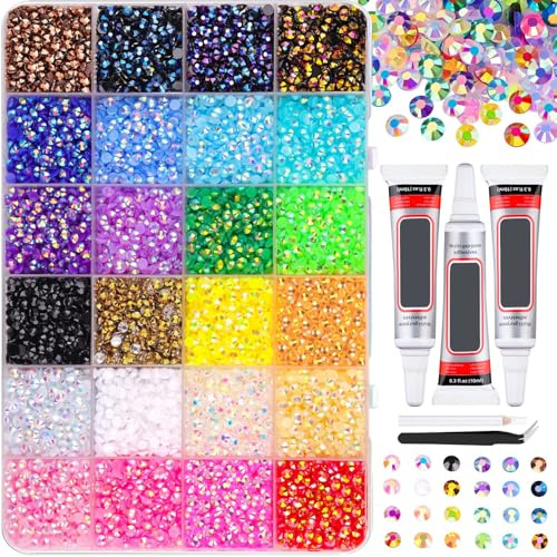 24 colores 3 mm de piedras de gel con strass, kit de 32000 piezas de piedras de brillo, piedras planas de imitación de diamante para manualidades, uñas, textiles y pintura de diamante, piedras de