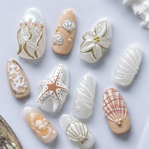 Tastetreasure 30 Pcs 3D Flower Press on Nails, Orange Ocean Almond False Nails with Shell Starfish Charms, Glue on Nails Kit for Women Summer Nail Art