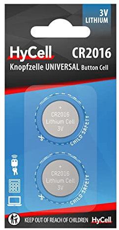 HyCell Piles bouton CR2016 3V 70 mAh (2 pces) – Piles plates standard de qualité supérieure – Piles boutons pour ouverture de garage, balance numérique, pointeur laser, etc.