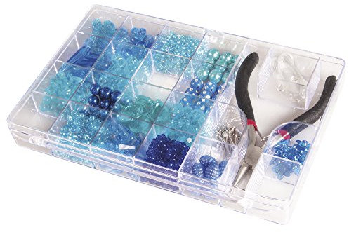 Rayher 14797376 Perlen-Box mit Zange, 20 x 13,5 cm, Inhalt 185 g, Blautöne, Farb- und Größenmix, Perlen zum Auffädeln, Kunststoffperlen, Plastikperlen