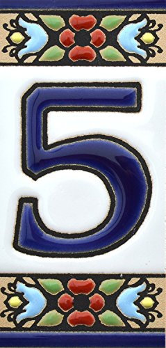 funky global Spanish, Hand painted polichrome ceramic tiles. letters and numbers handpainted using dry rope technique perfect to create signs,addresses and names. Design FLORES MINI (NUMBER 5)