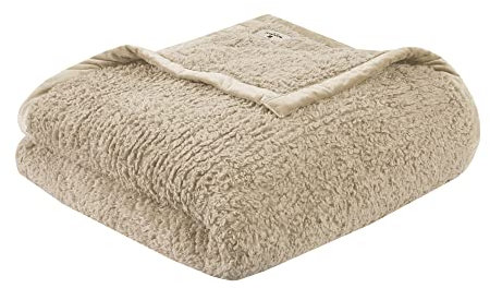 WOOLRICH Burlington Berber Decke, superweich, gemütlich, leicht, Bezug mit luxuriösem Samteinfassung, modern, trendig, Ganzjahres-Tagesdecke, Bettwäsche-Set, Full/Queen: 90 x 90 cm, Hellbraun