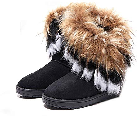 King Ma Women's Faux Fur Tassel Winter Snow Boot Suede Flat Ankle Boots (9M US, black)