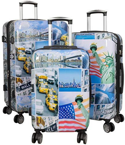 Warenhandel König Hartschalen 3tlg. Kofferset Trolleyset mit hochwertigem Motiv Print New York Liberty mit Dehnfalte, Größe M, L und XL