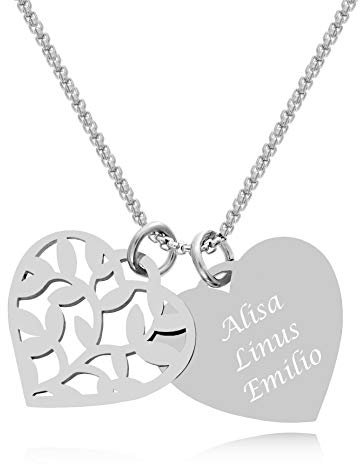 TIMANDO Damen Lebensbaum Kette mit Namen, Herzkette mit Gravur, Halskette mit Baum des Lebens Anhänger, Namenskette personalisiert in silberfarben