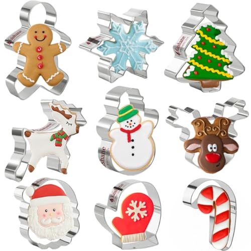 Christmas Cookie Cutters Set of 9 - Star Tree Angel Gingerbread Man Gloves & More Shapes Stainless Steel