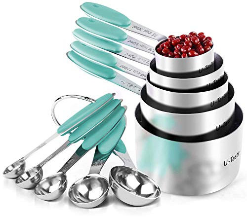 Cuillères et Tasses à Mesurer: U-Taste Ensemble de Tasses et Cueillere Dosseur en Acier Inoxydable 18/8, 10 Pièces Mesures Cuisine pour la Pâtisserie et la Cuisson, Poignée Épaissie (Ciel Aquatique)