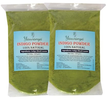 Yauvanya, Pure Indigo, polvere pura di foglie d’indaco per capelli, 2 x 100 g (etichetta in lingua italiana non garantita)